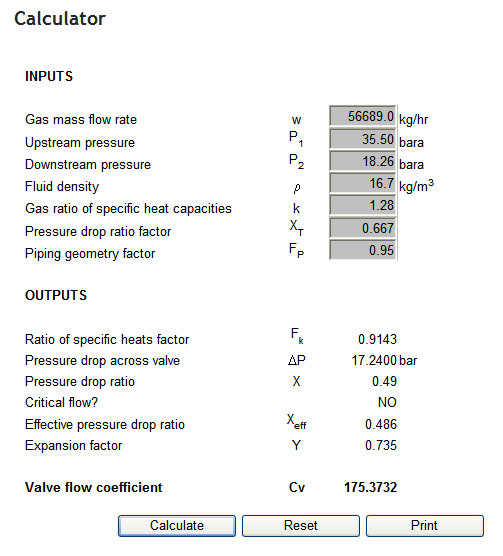 Gas Control Valve Calculator Screenshot